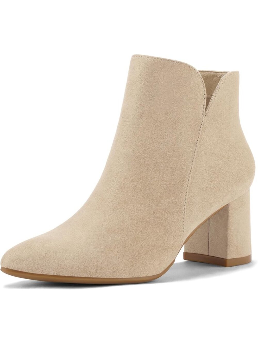 Women's Nude Suede Casual Chunky Block Heel Pointed Toe Side Zipper Ankle Boots